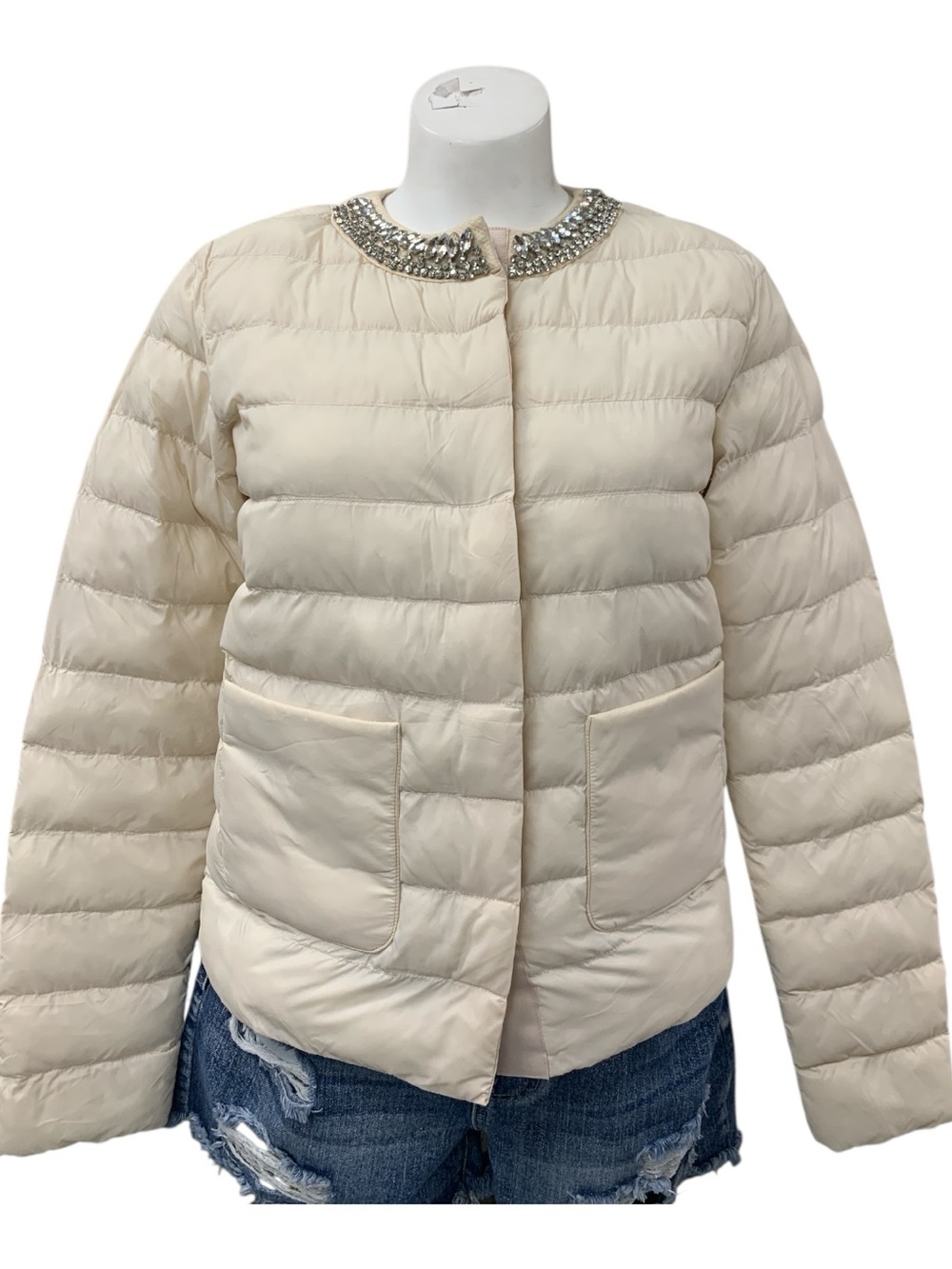 Jeweled Collar Cream Puffer Jacket